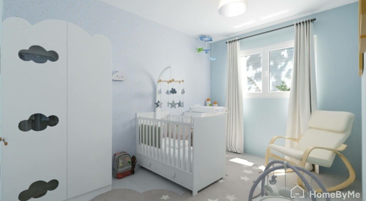 Blue and white baby room with a bed and a small window