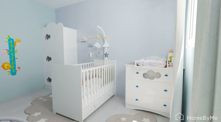 Blue and white baby room with white furniture