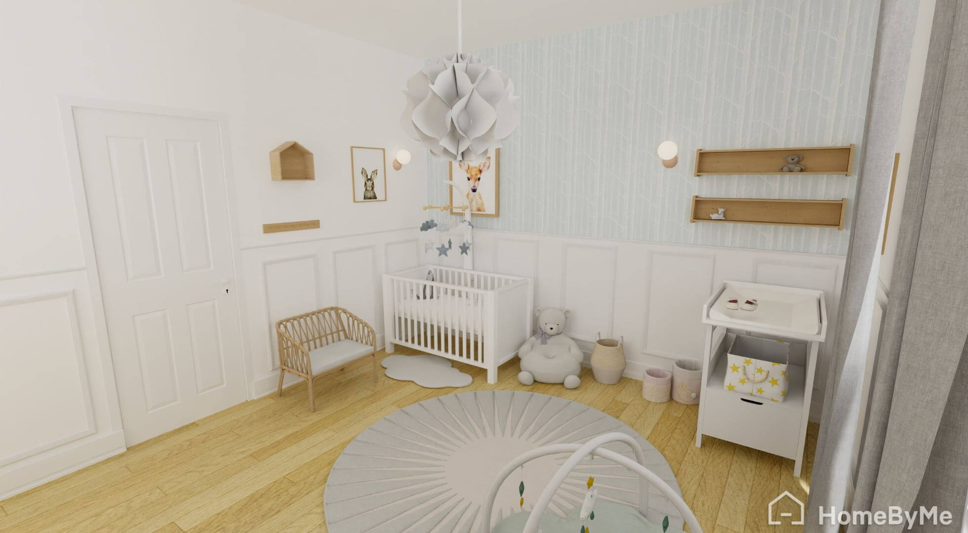 Baby girl room with light blue hints on the wall, white furniture and wooden floor.