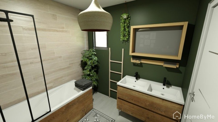 modern bathroom with a green wall, wooden furnitures and plants