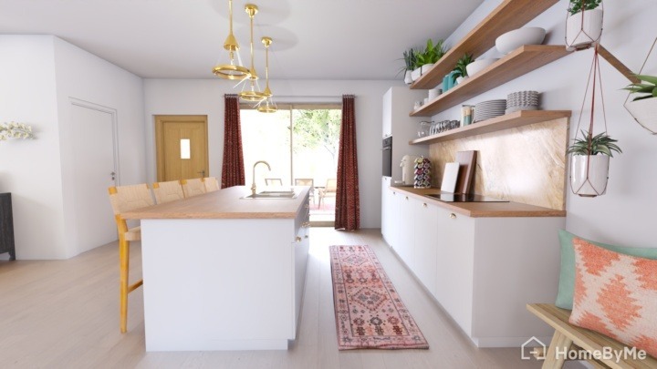 white boho kitchen with suspended plants and a boho rug