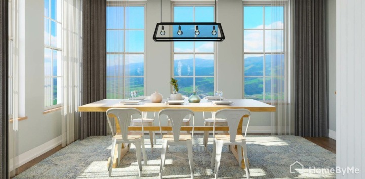 Farmhouse wooden table in a beautiful dining room