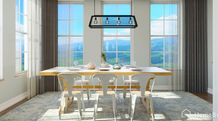 Farmhouse wooden table in a beautiful dining room