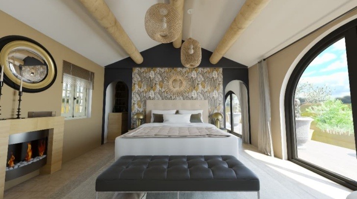 Gold and black bedroom with a king size bed