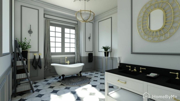 A black and white Glma bathroom decor with a bathtub