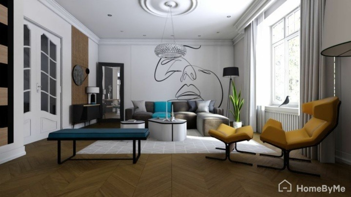 modern white and brown living room with touches of yellow and blue and a big painting on the wall