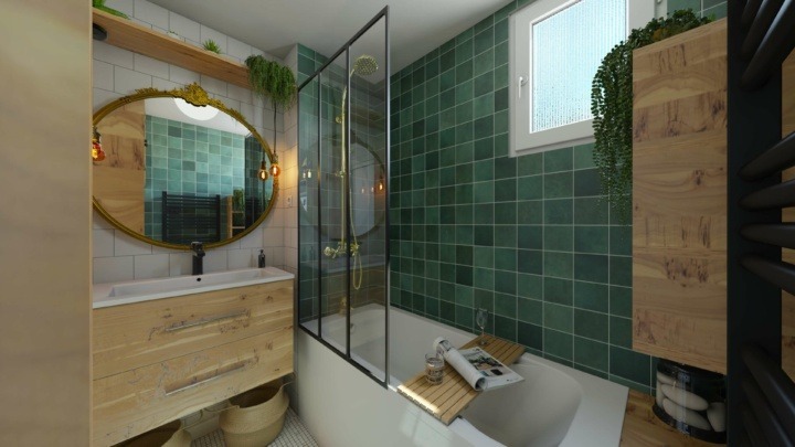 Bathroom with green tiles and a large bathtub