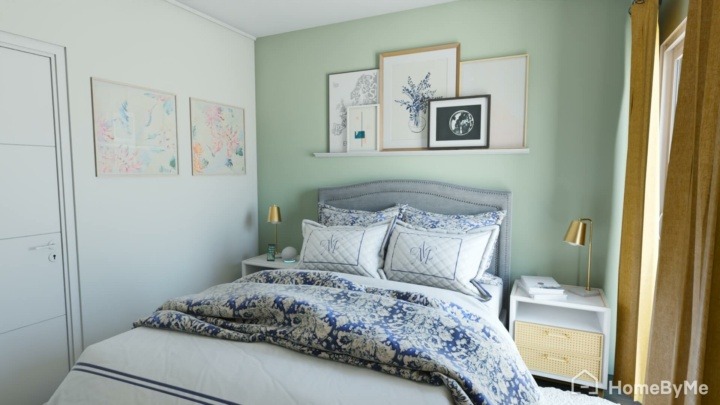 Master bedroom with touches of green and decoration frames