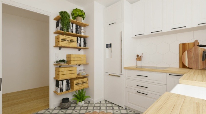 Small kitchen with plants in wooden boxes