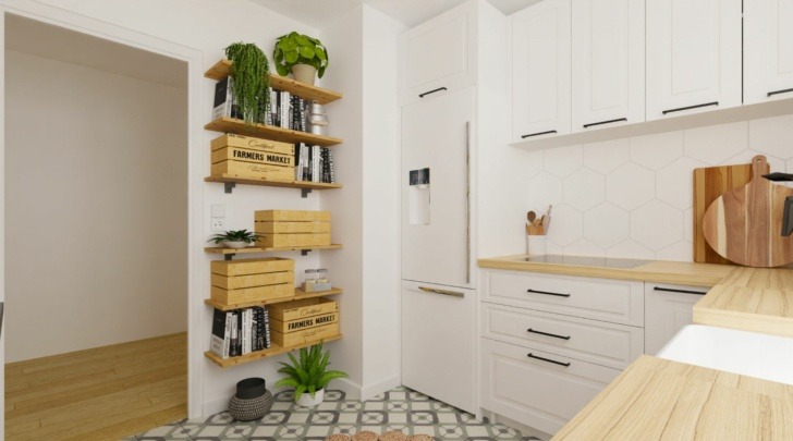 Small kitchen with plants in wooden boxes