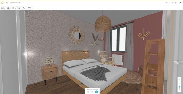 Beautiful bedroom with natural materials and cozy lighting - 3D view