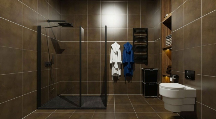 Example of a Contemporary bathroom with strong brown color, shower side