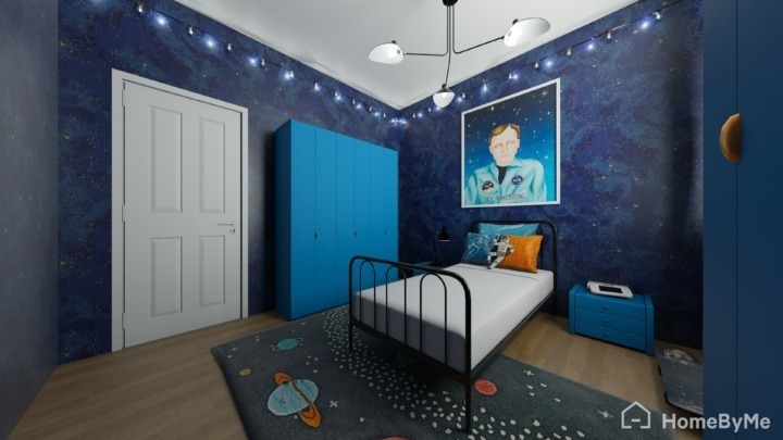 Space themed bedroom with a Neil Armstrong poster