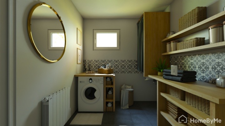 Laundry room area with a lot of storage and a mirror