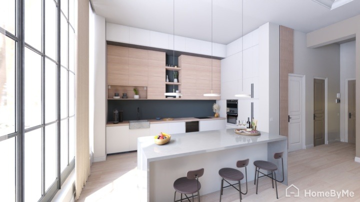 White Minimalist kitchen with wooden furniture and a grey wall