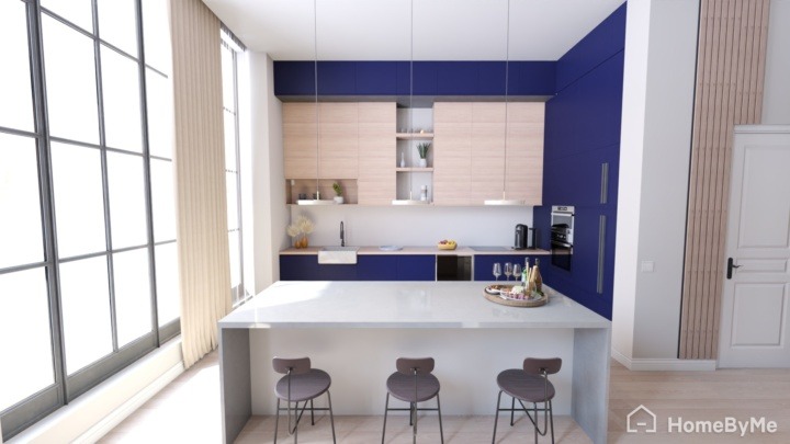 Blue Minimalist kitchen with wooden furniture and a white wall