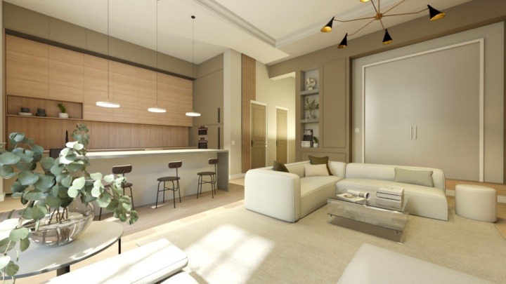 Creme Minimalist kitchen with wooden furniture, an open kitchen and a white sofa