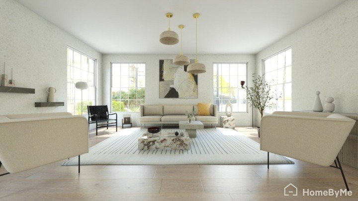 white minimalist living room with a modern table and a marble coffee table