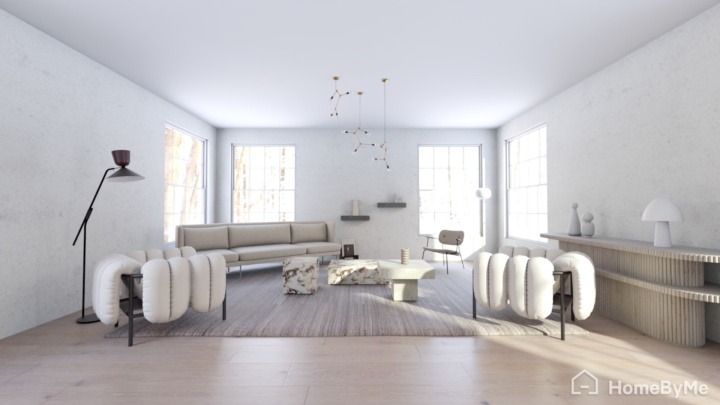 white minimalist living room with a modern painting and a marble coffee table