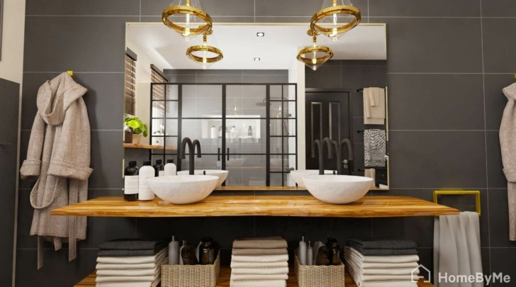 Modern bathroom with gold and black colors