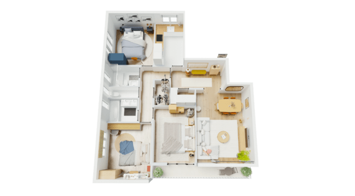 Top view of a 3 bedroom apartment