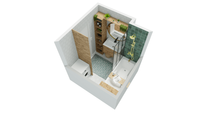 Top view of a small bathroom with wood and green accents