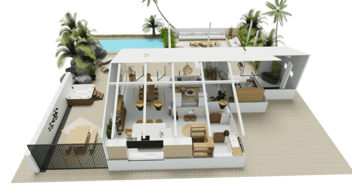 Top view of a House in 3D with a pool