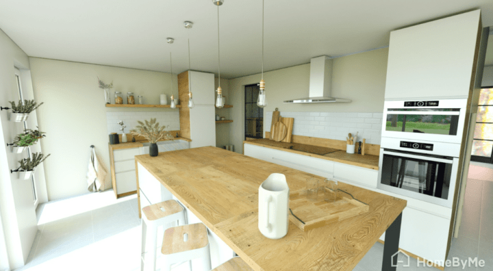 Kitchen island with suspended lighting fixtures