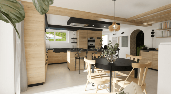 Open layout kitchen with wood furniture