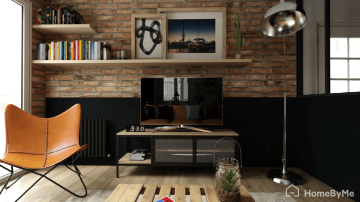 Industial living room black and wooden furnitures, a brick wall, a leather chair and a TV