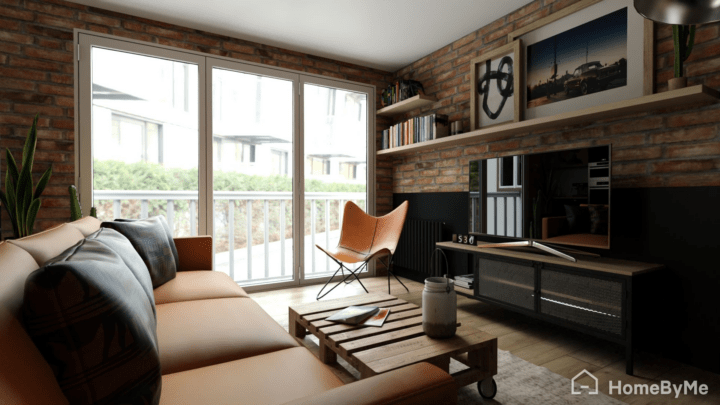 Industial kitchen and dining room with black and wooden furnitures, a leather sofa and leather chair, a pallet table and a TV